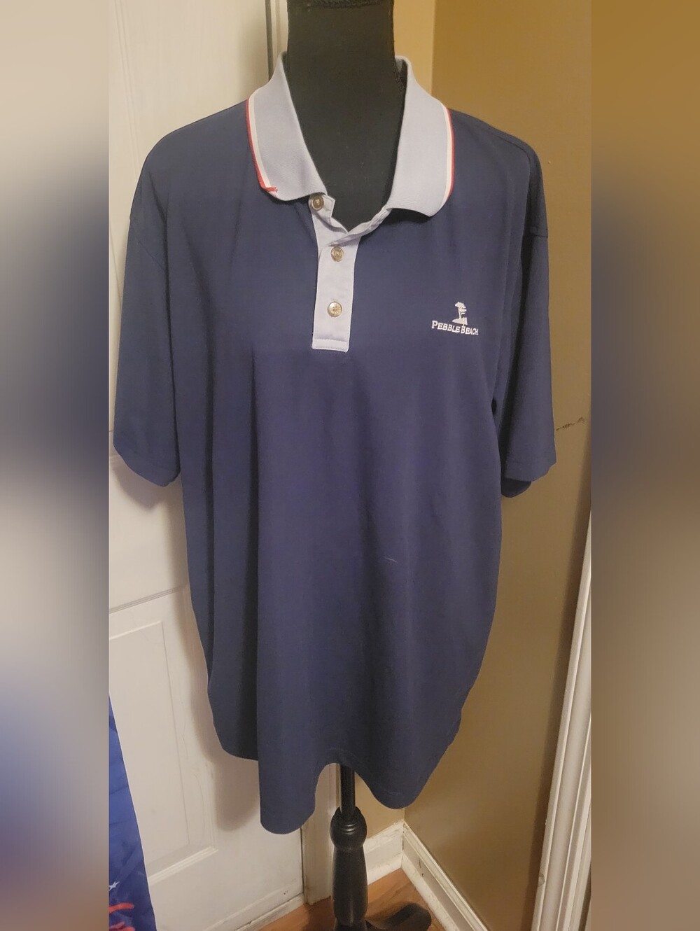 Men's Navy Pebble Beach Polo with Light Gray Collar and Red Trim, Size XXL